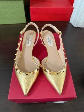 Valentino Gold Leather Rockstud Slingback Mules